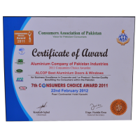 Certificate for best Aluminium Doors and Windows by Consumers Association of Pakistan in 2011